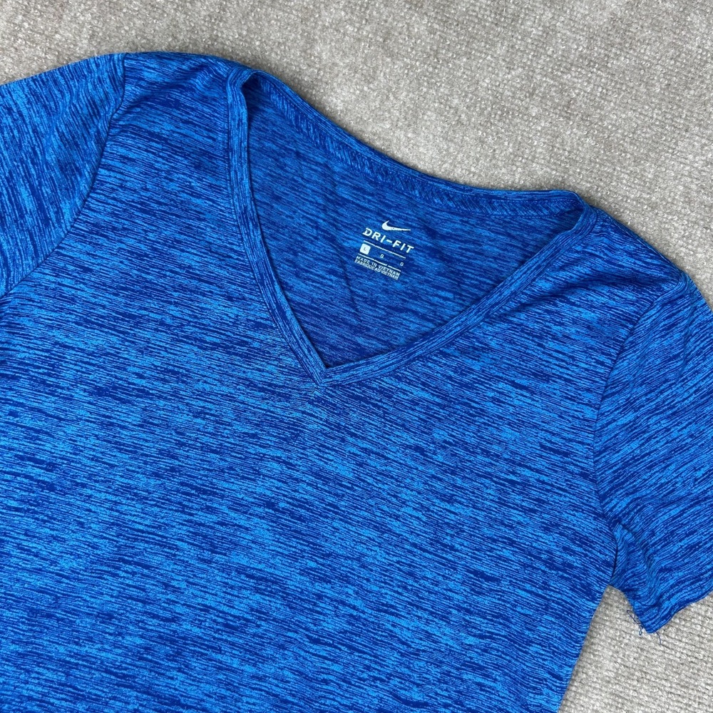 Nike Dri-Fit T-Shirt Women Large Blue Heather Swoosh Logo Jersey V-Neck Training